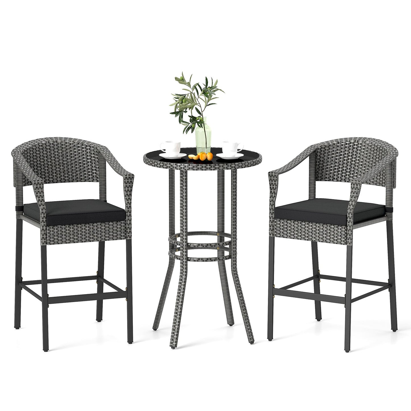 3-Piece Patio Rattan Bar Set with Tempered Glass Top for Backyard Poolside