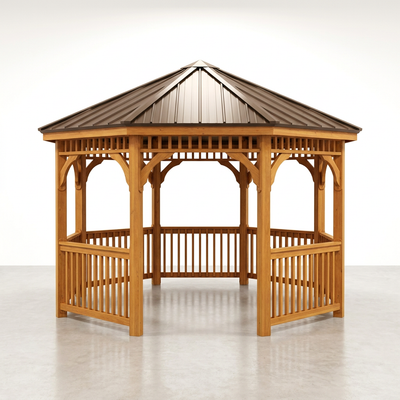 Outdoor Gazebo Built for Year-Round Use, 12ft Octagon, Cedar Wood, Metal Roof, 36in Guard Rails