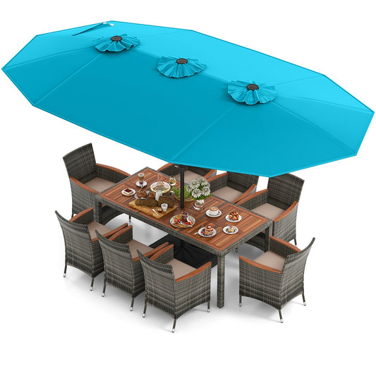 Outdoor Acacia Wood and Wicker Dining Set with 15 Foot Umbrella