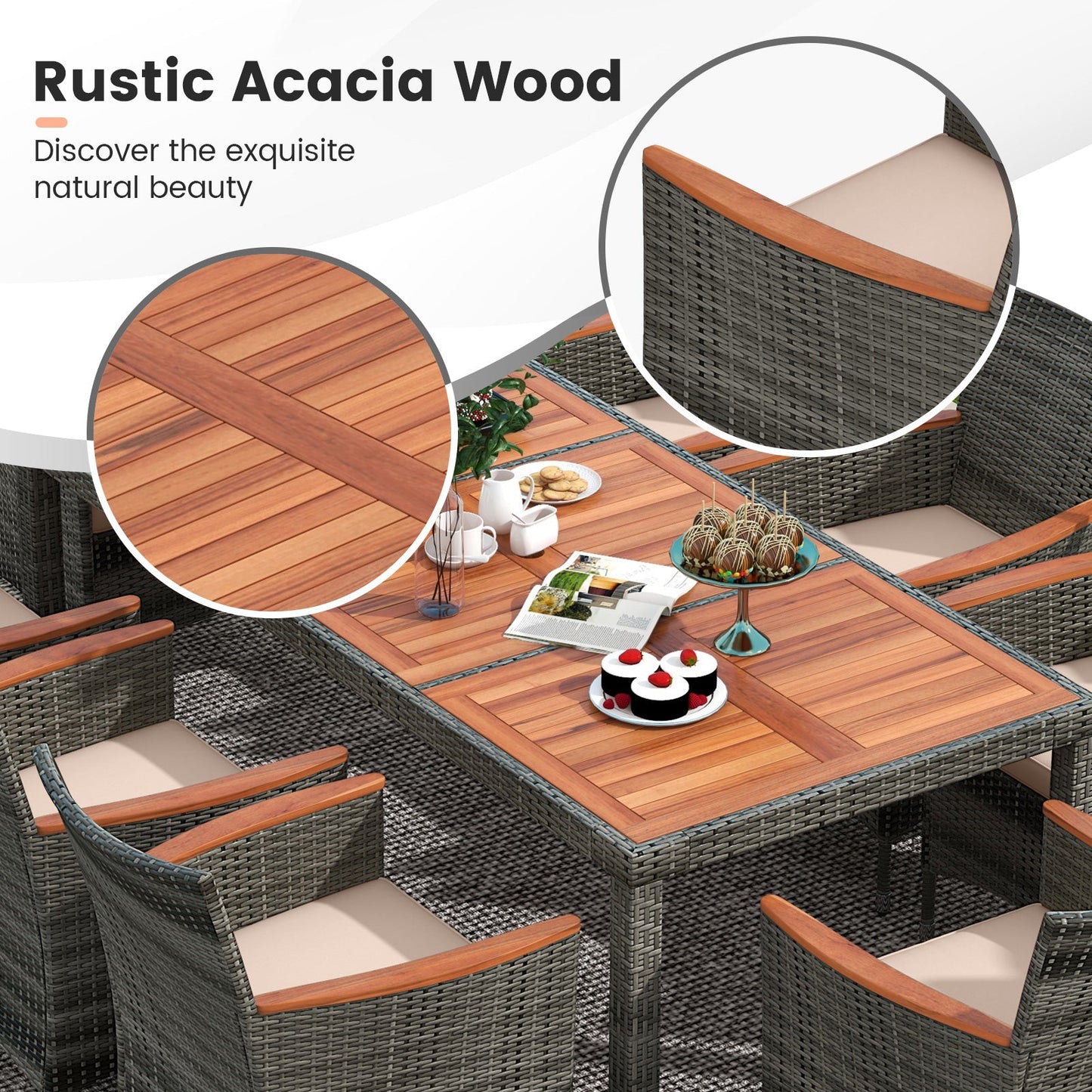 10 Pieces Patio Wicker Dining Set with 15 Feet Double-Sided Patio Umbrella