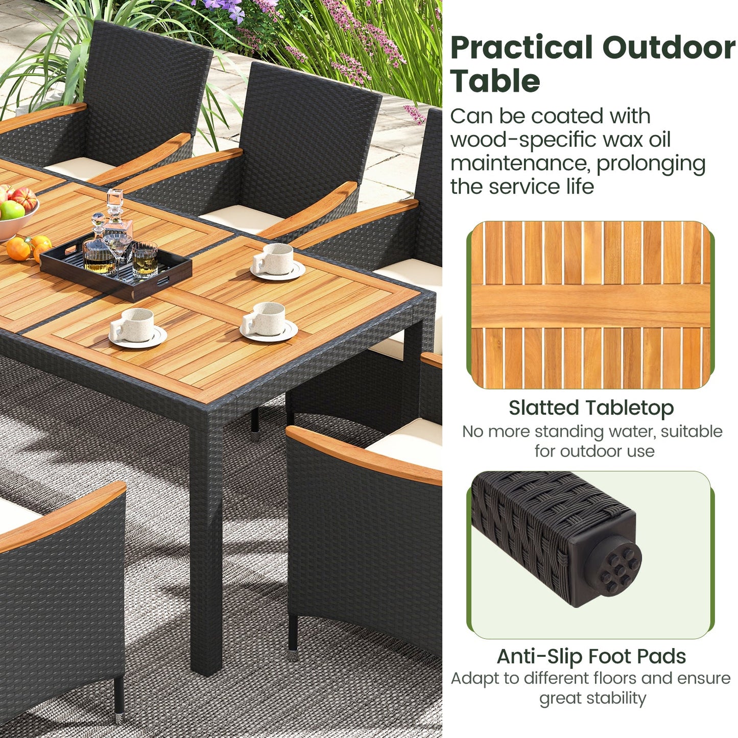 11 Pieces Patio Dining Set with LED Patio Umbrella with Base and Seat Cushions (Beige)