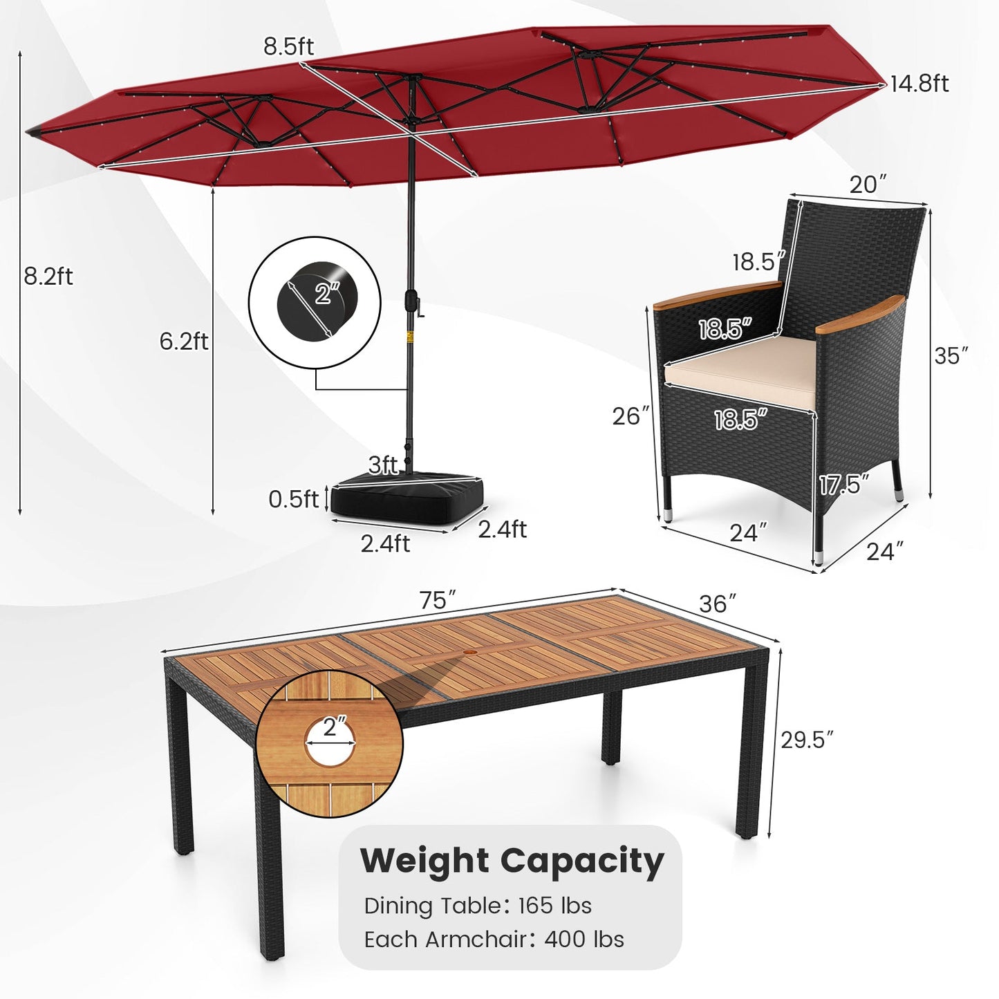 11 Pieces Patio Dining Set with LED Patio Umbrella with Base and Seat Cushions (Beige)