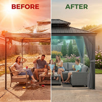 12'X14' Hardtop Gazebo, Heavy Duty Aluminum Permanent Hardtop Gazebo Outdoor Pavilion with Curtains and Netting for Garden — Before & After