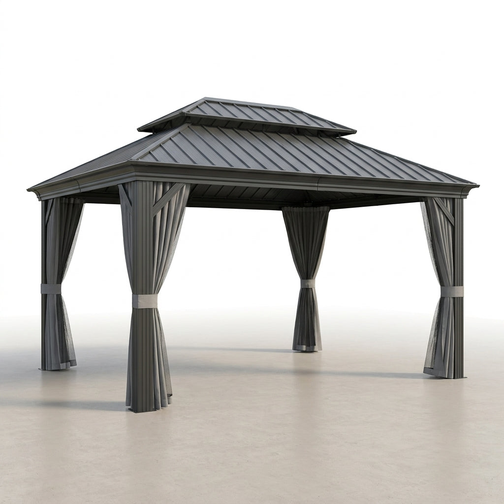 12'X14' Hardtop Gazebo, Heavy Duty Aluminum Permanent Hardtop Gazebo Outdoor Pavilion with Curtains and Netting for Garden — Studio Shot