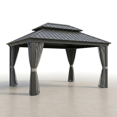 Hardtop Gazebo Built for Permanent Installation, 12x14 Aluminum Frame, Double-Layer Roof, Garden Pavilion