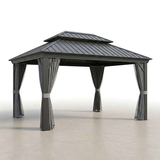 12'X14' Hardtop Gazebo, Heavy Duty Aluminum Permanent Hardtop Gazebo Outdoor Pavilion with Curtains and Netting for Garden — Studio Shot