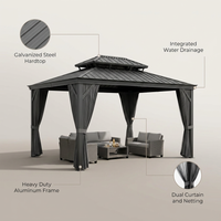 12'X14' Hardtop Gazebo, Heavy Duty Aluminum Permanent Hardtop Gazebo Outdoor Pavilion with Curtains and Netting for Garden — infographic