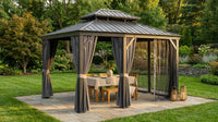 12'X14' Hardtop Gazebo, Heavy Duty Aluminum Permanent Hardtop Gazebo Outdoor Pavilion with Curtains and Netting for Garden — Lifestyle