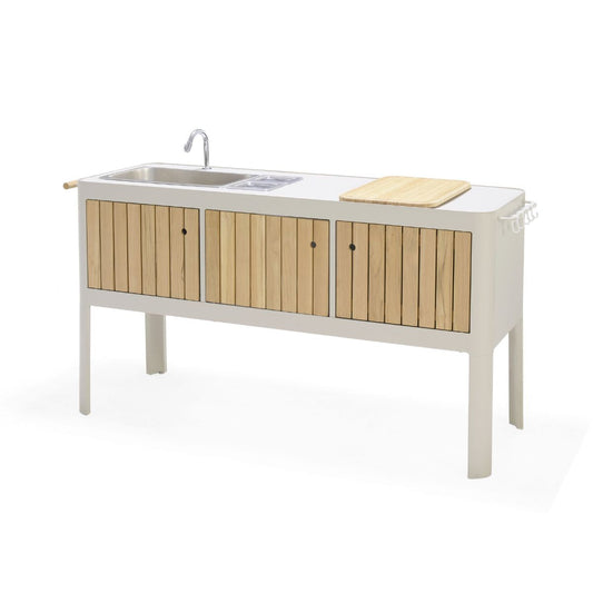 Coral Sand Aluminum Outdoor Kitchen with Sink and Teak Cutting Board