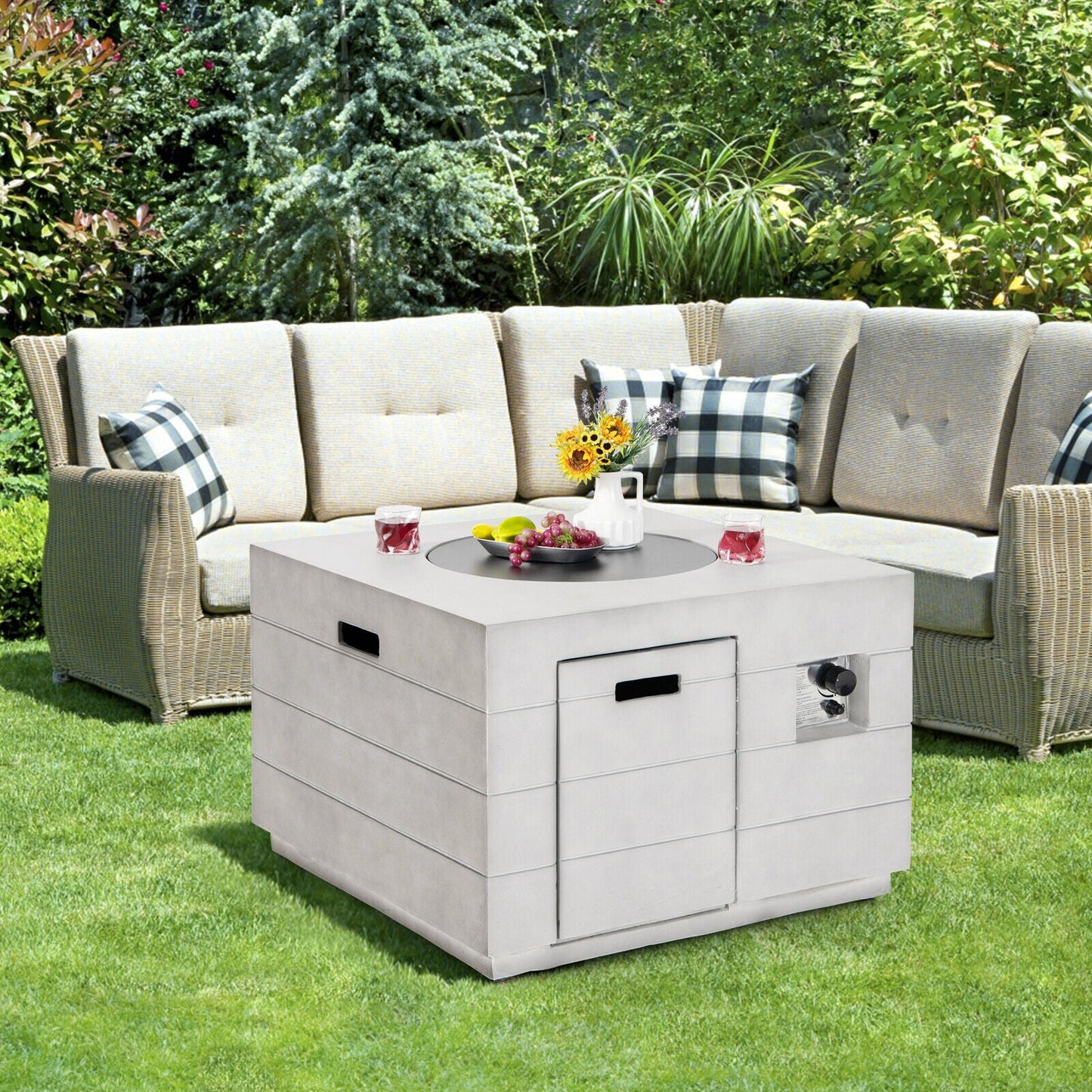 34 Inch Square Concrete Propane Fire Pit Table with Lava Rocks and Cover 50,000 BTU-Gray