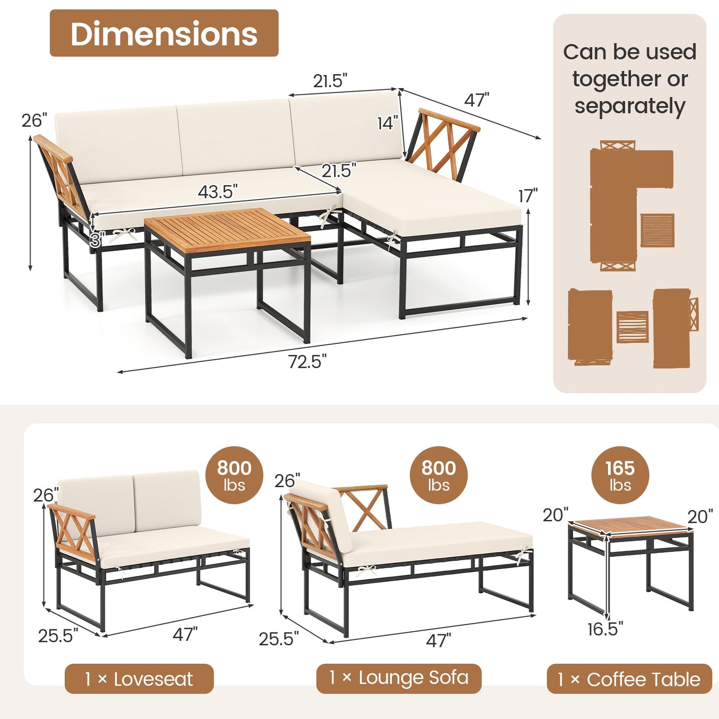 3-Piece L-Shaped Patio Furniture Set for Porch Backyard and Poolside-Beige