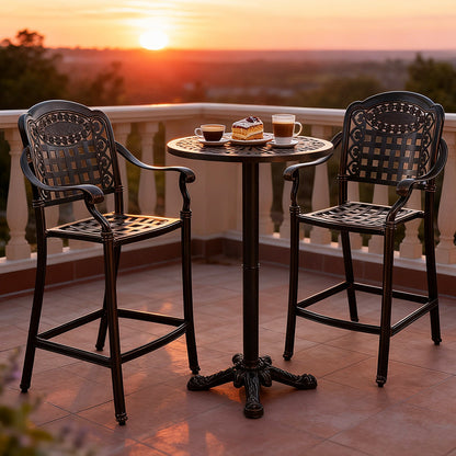 3 Piece Patio Bar Set Outdoor Cast Aluminum Round High Top Table 2 Counter Height Bar Stools