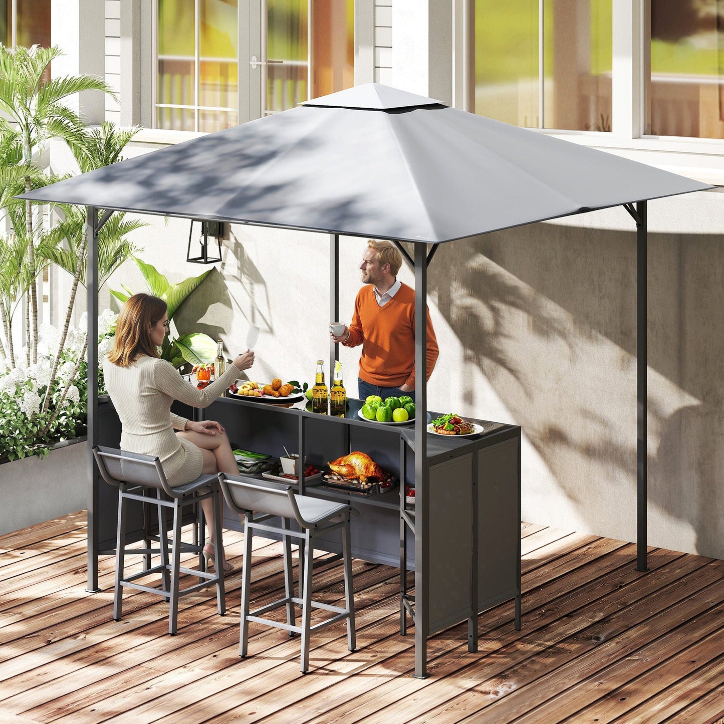 3-Piece Patio Bar Set 8 x 8 FT Double-Tier Grill Gazebo with 2 Bar Stools-Gray