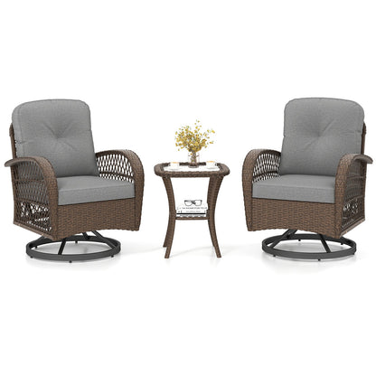 3 Piece Patio Swivel Rocker Set with Tempered Glass Side Table and Thick Cushions
