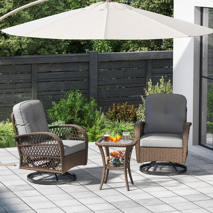 3 Piece Patio Swivel Rocker Set with Tempered Glass Side Table and Thick Cushions