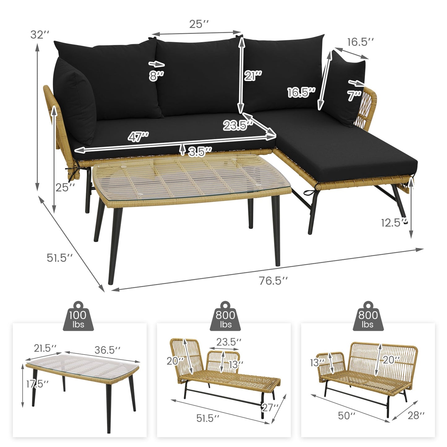 3 Pieces L-Shaped Patio Sofa with Cushions and Tempered Glass Table