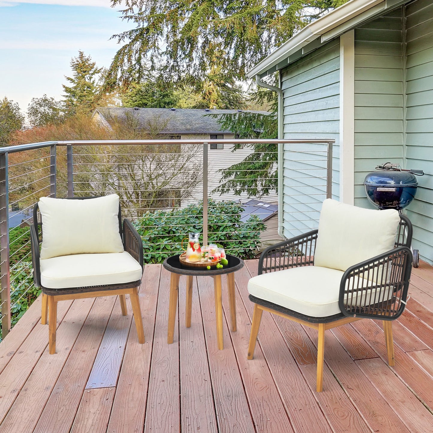 3 Pieces Patio Furniture Set with Cushioned Chairs and Tempered Glass Side Table