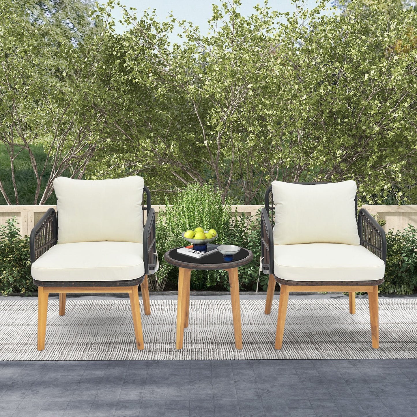 3 Pieces Patio Furniture Set with Cushioned Chairs and Tempered Glass Side Table