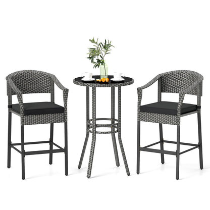 3-Piece Patio Rattan Bar Set with Tempered Glass Top for Backyard Poolside
