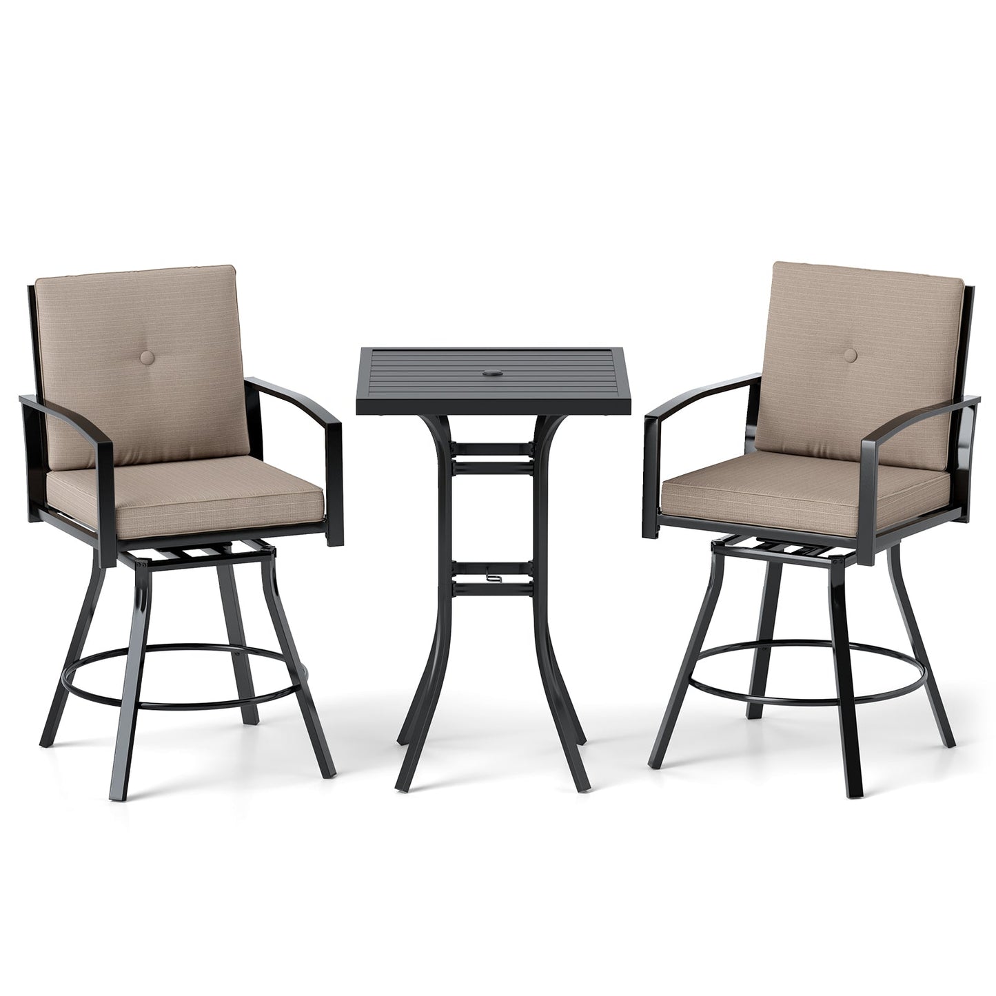 3 Pieces Patio Swivel Bar Set with Soft Cushions and Umbrella Hole-Brown