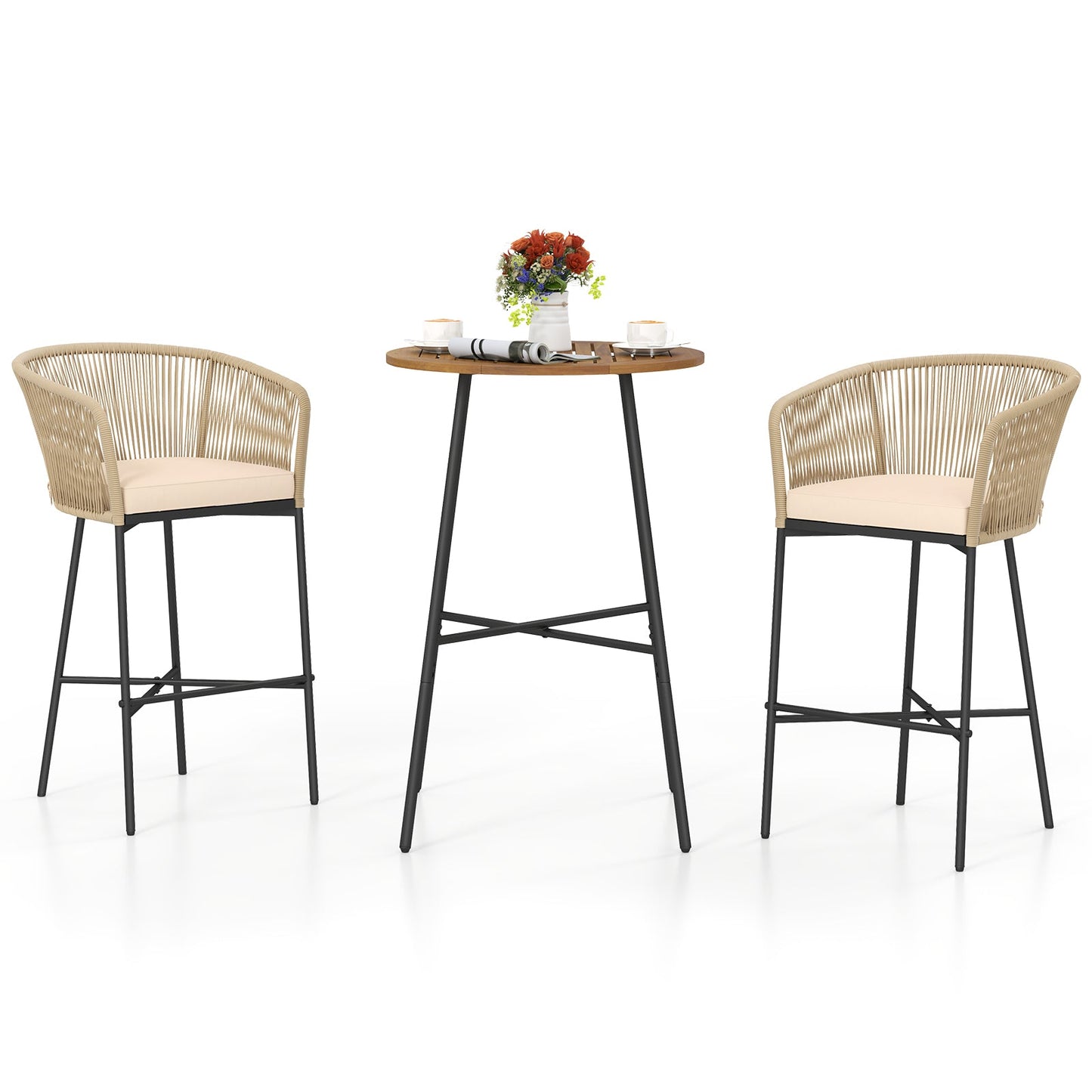 3 Pieces Rope Woven Patio Bar Set with Soft Cushions and Acacia Wood Tabletop-Beige