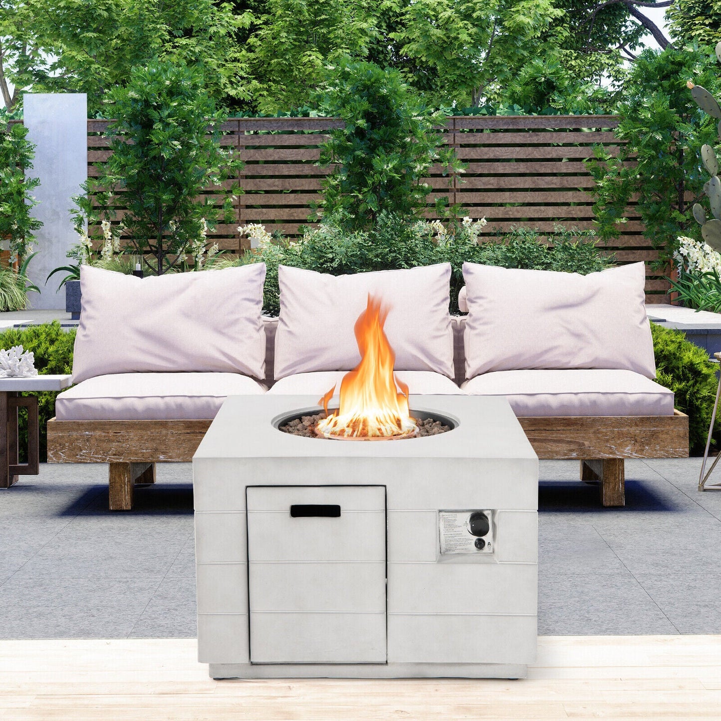 34 Inch Square Concrete Propane Fire Pit Table with Lava Rocks and Cover 50,000 BTU-Gray