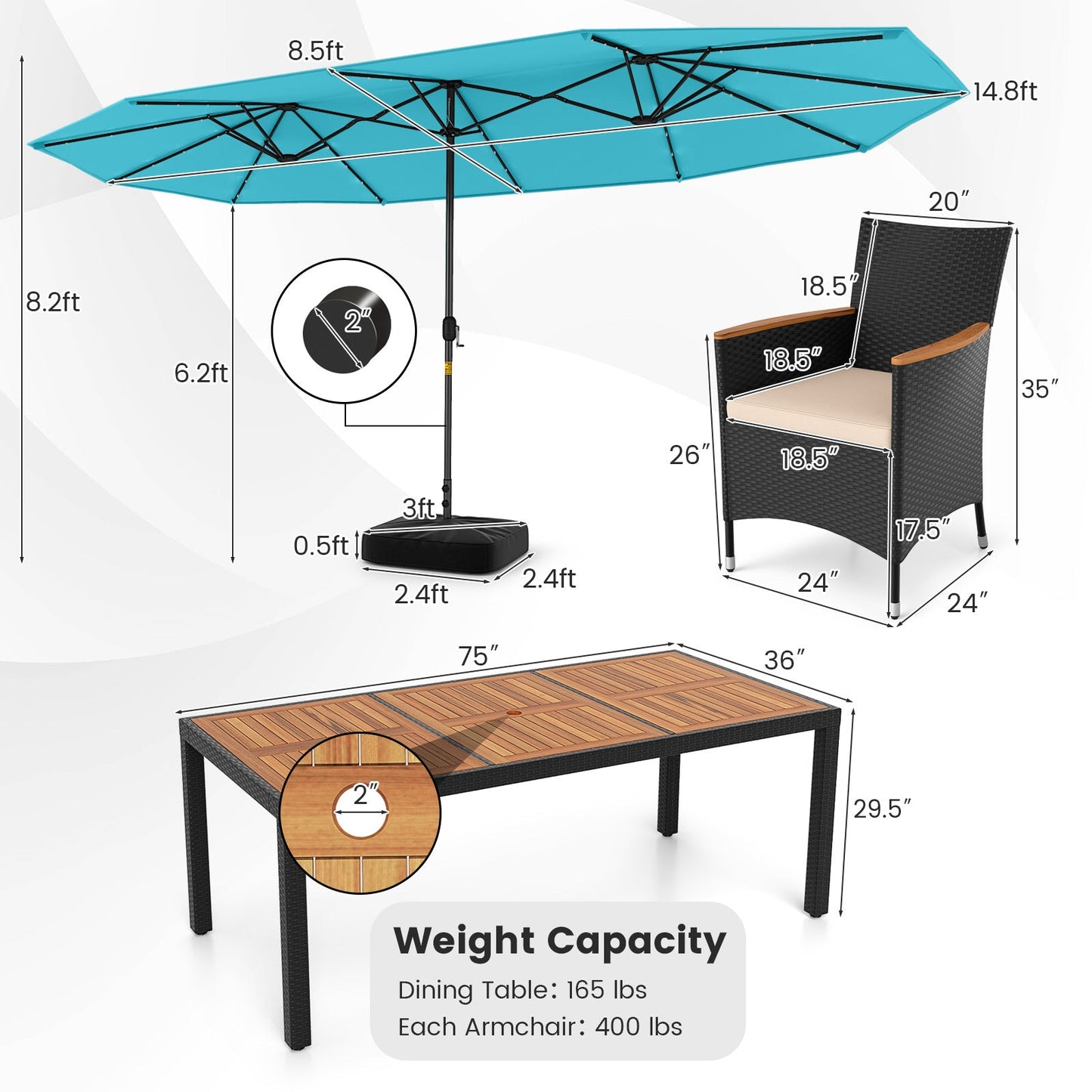 11 Pieces Patio Dining Set with LED Patio Umbrella with Base and Seat Cushions (Beige)