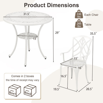 5 Piece Patio Cast Aluminum Dining Table Chair Set Bistro Set with Umbrella Hole-White