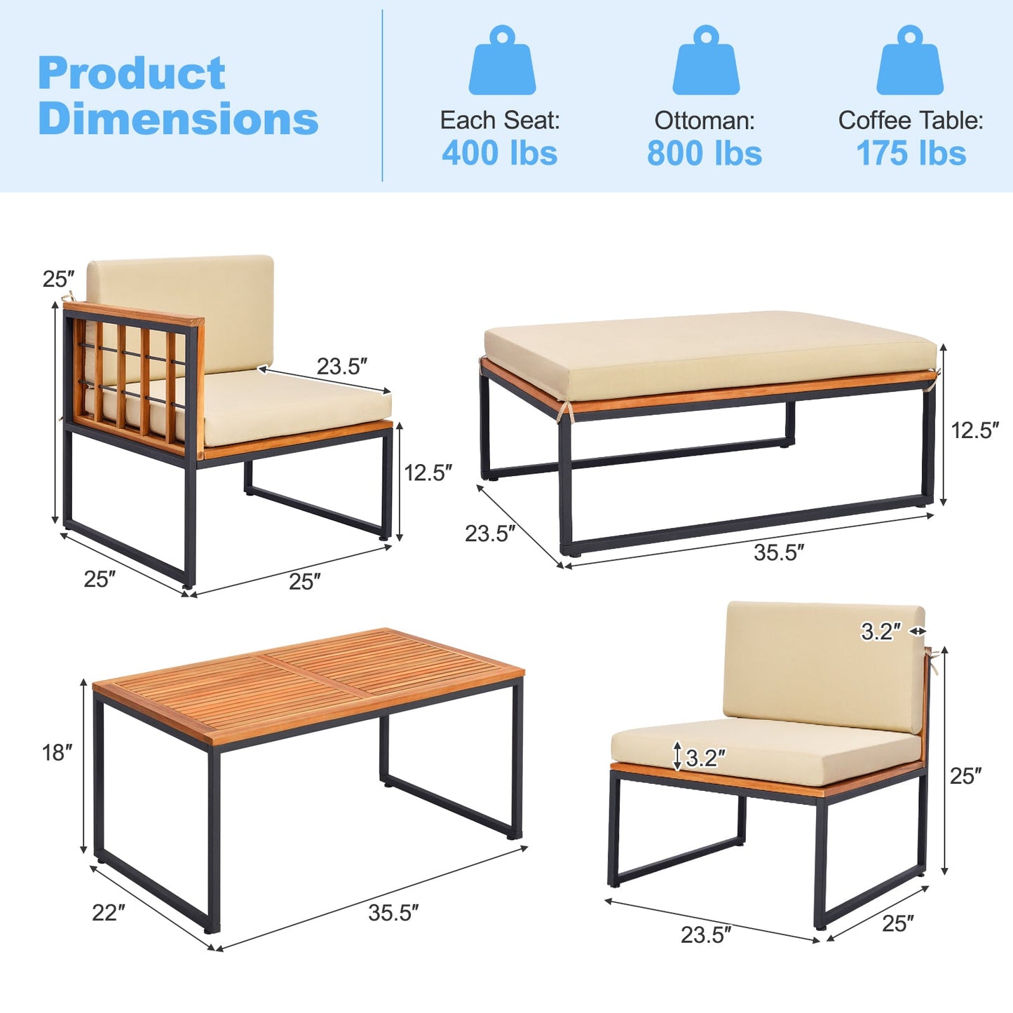 5 Pieces Patio Furniture Set Acacia Wood Sectional Set with Heavy-Duty Metal Frame-Beige