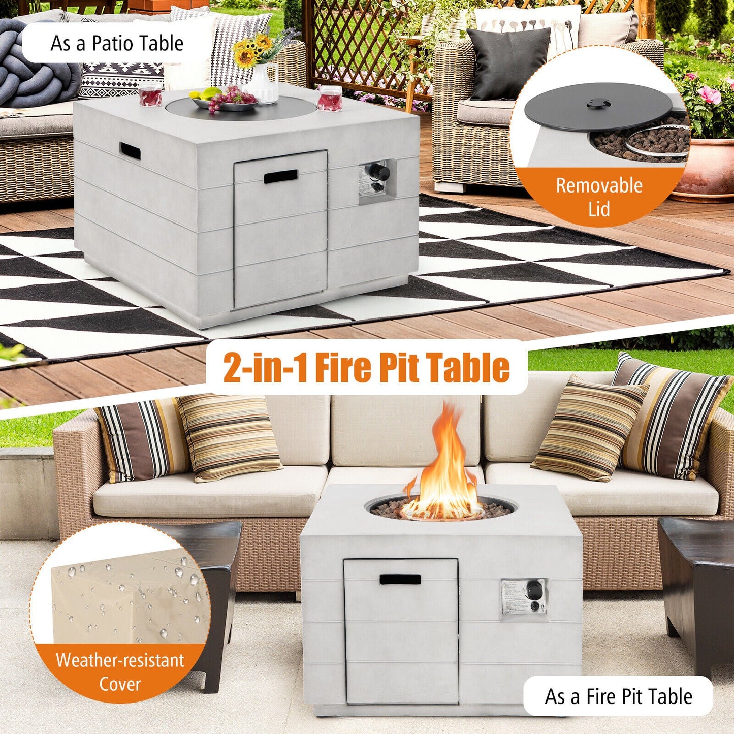 34 Inch Square Concrete Propane Fire Pit Table with Lava Rocks and Cover 50,000 BTU-Gray