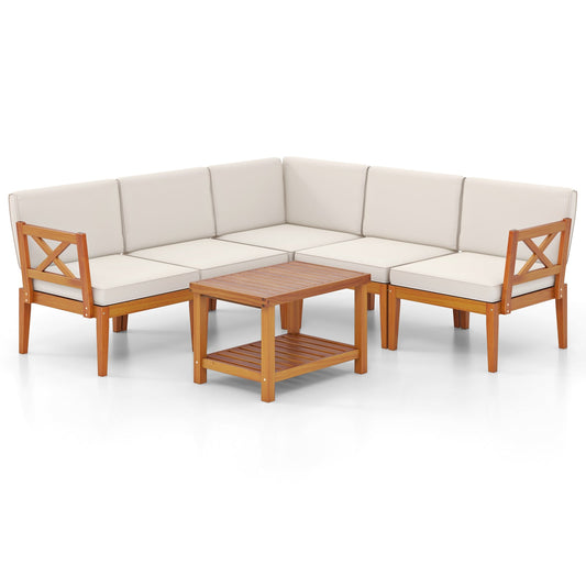 6 Piece Acacia Wood Outdoor Sectional Set with Two-Tier Table