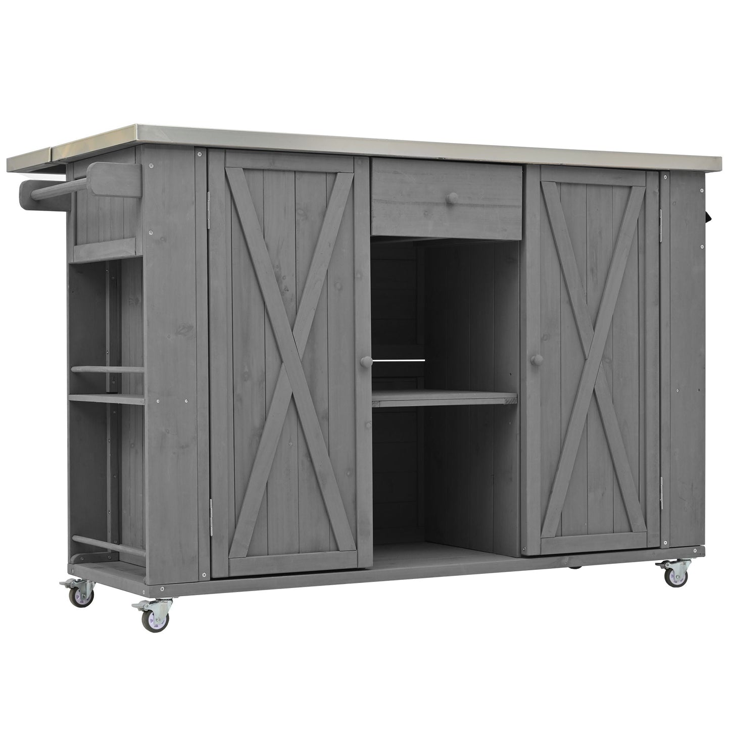Outdoor Kitchen Island With Stainless Steel Top, Ample Storage Space, Towel And Spice Racks And A Bottle Opener