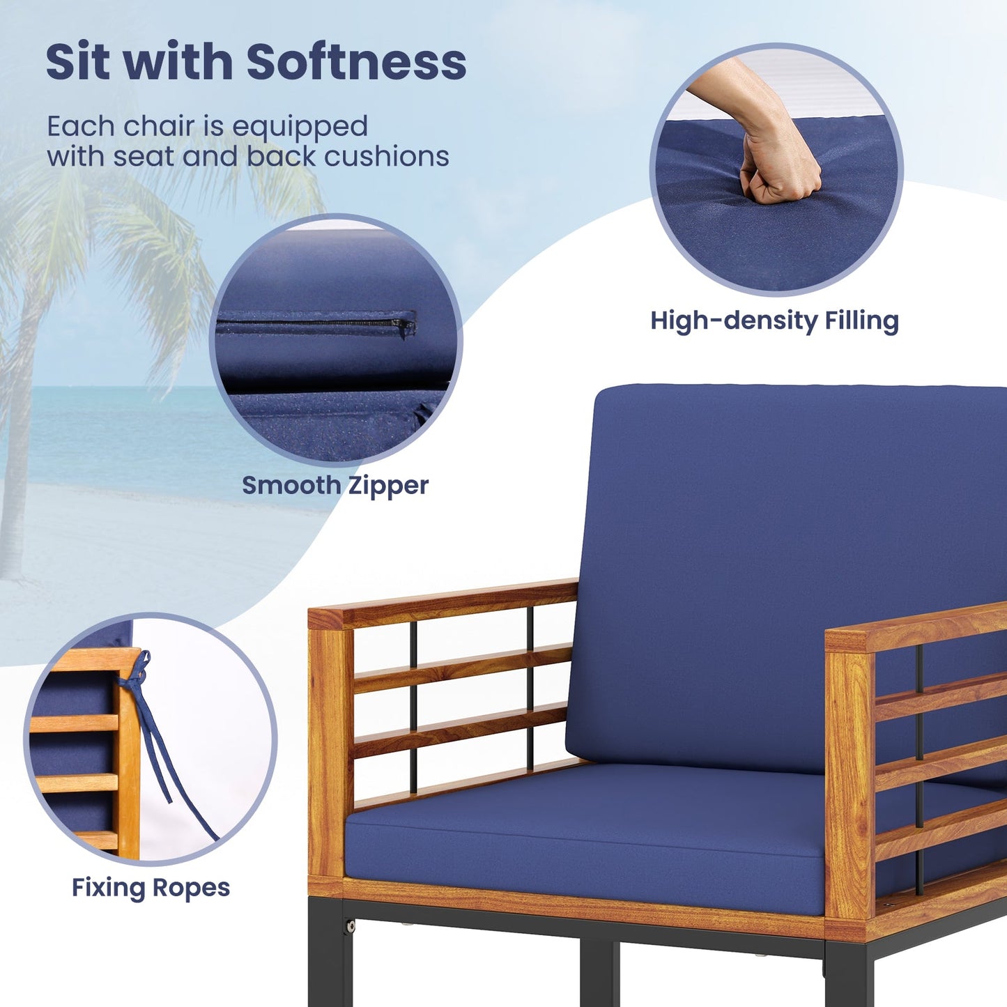 7 Pieces Patio Acacia Wood Dining Chair and Table Set for Backyard and Poolside-Navy
