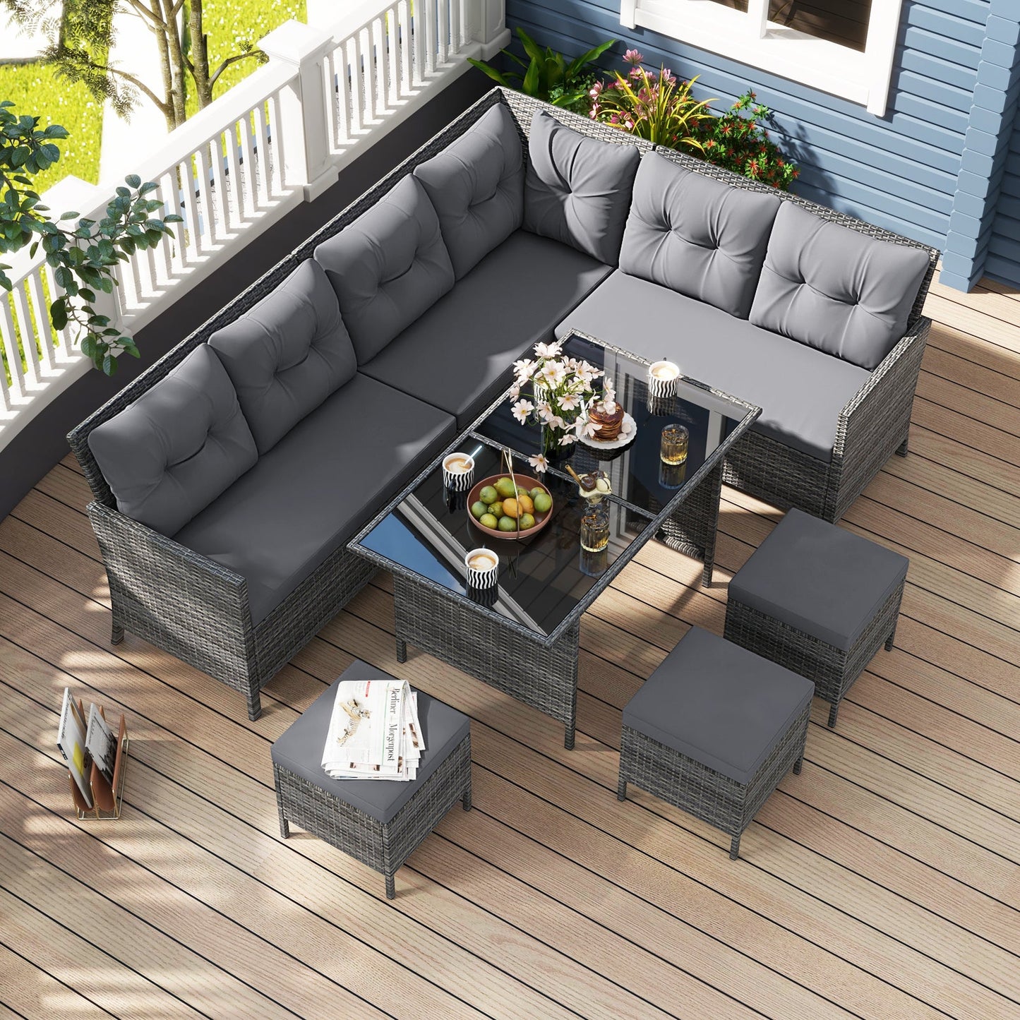7 Pieces Patio Dining Furniture Set with Soft Cushions and Ottomans