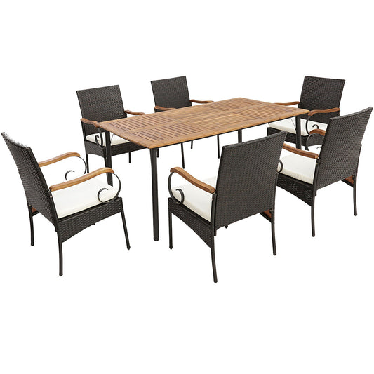 7 Piece Acacia Wood and Wicker Outdoor Dining Set
