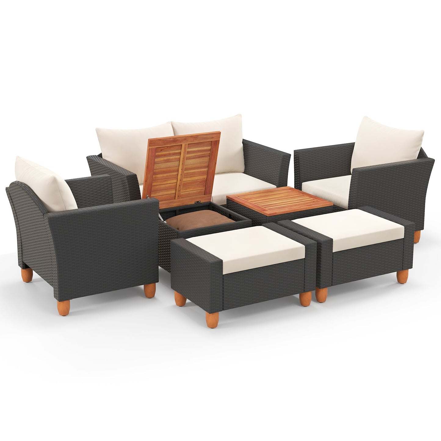 7 Pieces Patio Furniture PE Rattan Sectional Sofa Set with Armchairs and Table-white