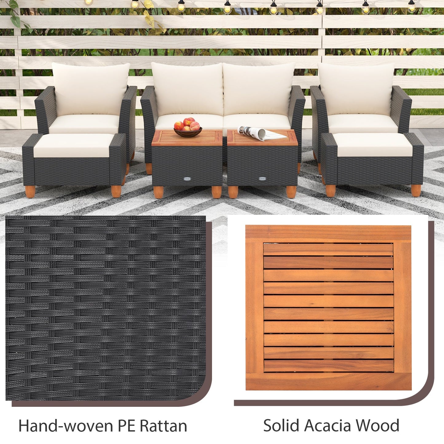 7 Pieces Patio Furniture PE Rattan Sectional Sofa Set with Armchairs and Table-white