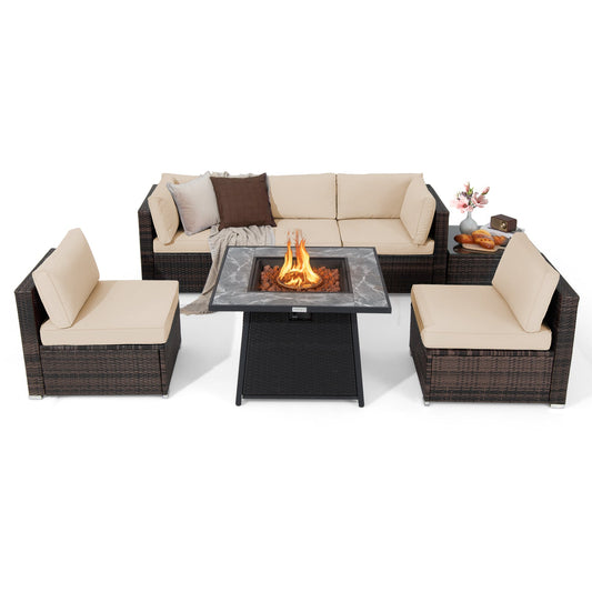 7 Piece Outdoor Wicker Patio Set with Propane Fire Pit