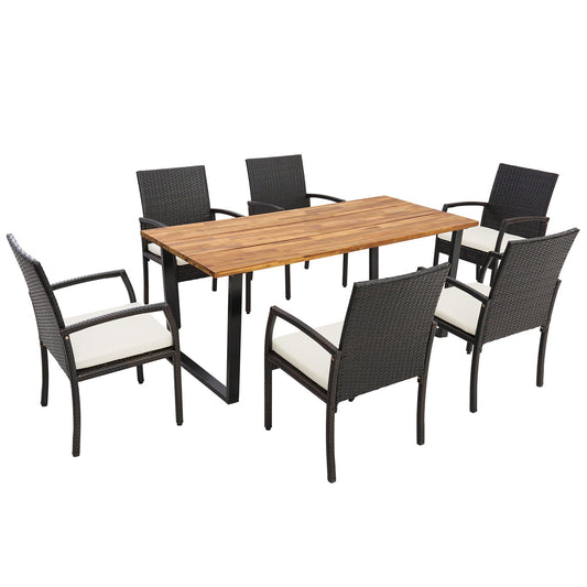 7 Pieces Acacia Wood and Wicker Outdoor Dining Set