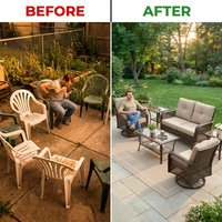 8 Pieces Patio Furniture Sets with Swivel Rocking Chairs,High-Back Rattan Patio Outdoor Conversation Set with 2-Seat Sofa & Coffee Table for Porch Deck Backyard Poolside — Before & After