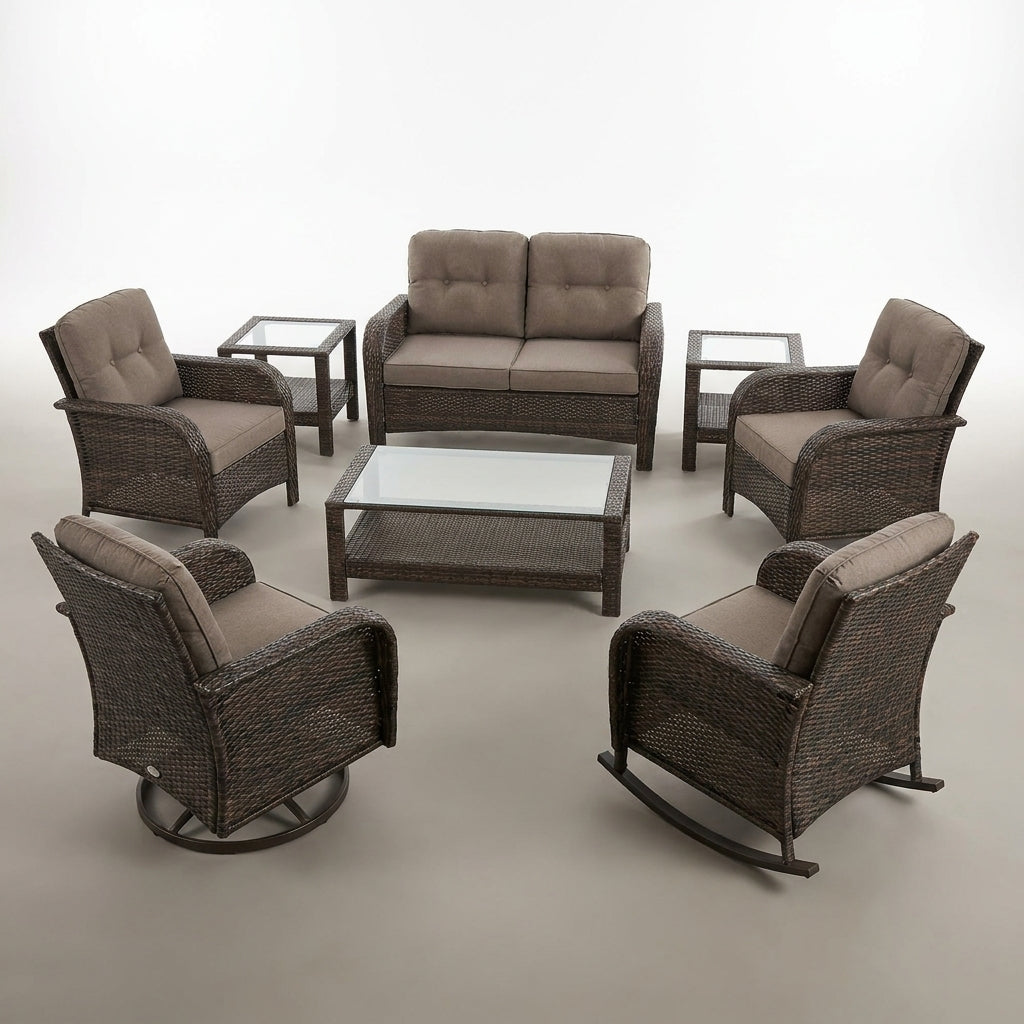 8 Pieces Patio Furniture Sets with Swivel Rocking Chairs,High-Back Rattan Patio Outdoor Conversation Set with 2-Seat Sofa & Coffee Table for Porch Deck Backyard Poolside — Studio Shot