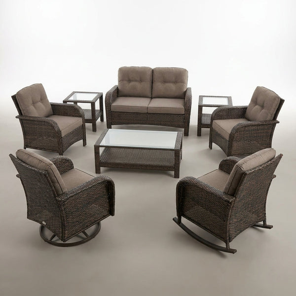 8 Pieces Patio Furniture Sets with Swivel Rocking Chairs,High-Back Rattan Patio Outdoor Conversation Set with 2-Seat Sofa & Coffee Table for Porch Deck Backyard Poolside — Studio Shot
