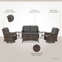 8 Pieces Patio Furniture Sets with Swivel Rocking Chairs,High-Back Rattan Patio Outdoor Conversation Set with 2-Seat Sofa & Coffee Table for Porch Deck Backyard Poolside — infographic