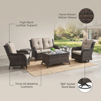 8 Pieces Patio Furniture Sets with Swivel Rocking Chairs,High-Back Rattan Patio Outdoor Conversation Set with 2-Seat Sofa & Coffee Table for Porch Deck Backyard Poolside — infographic