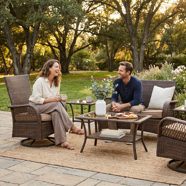 Patio Furniture Set Built for Outdoor Living, 8 Pieces, Swivel Rocking Chairs, Hand-Woven Rattan