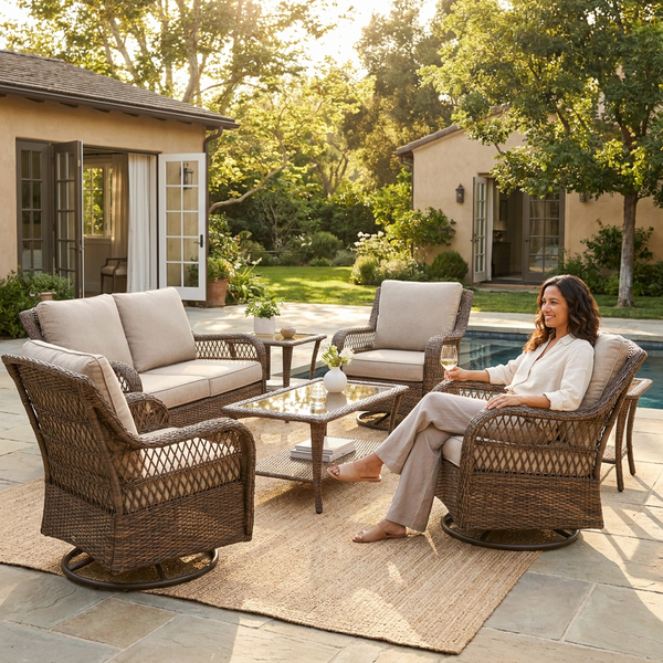 Patio Furniture Set Built for All-Weather Use, 8 Pieces, Swivel Rocking Chairs, Hand-Woven Wicker