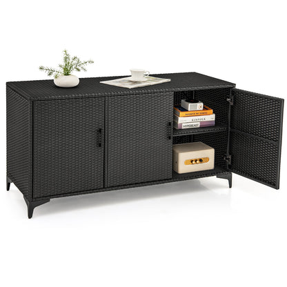 84 Gallon Patio Wicker Deck Box 3-Door PE Rattan Storage Container with Removable Shelves