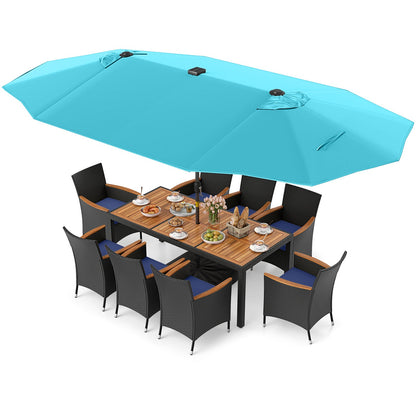 11 Pieces Patio Dining Set with LED Patio Umbrella with Base and Seat Cushions (Navy)