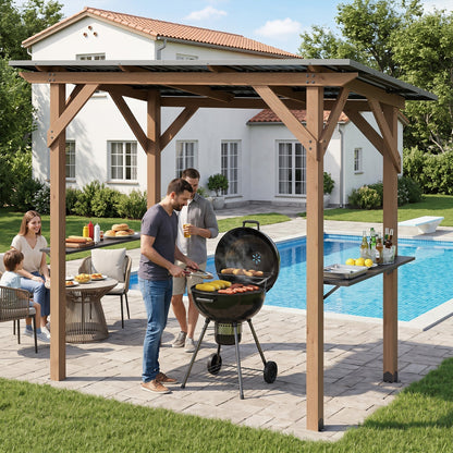 Cedar Wood Grill Gazebo with Metal Roof and Side Shelves