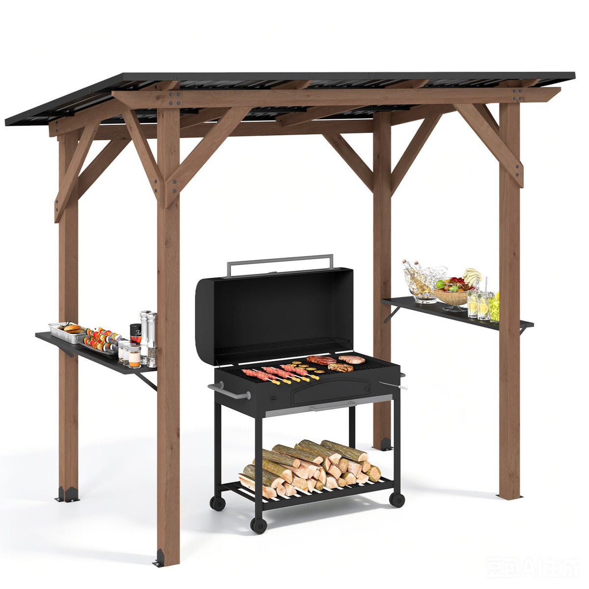 Cedar Wood Grill Gazebo with Metal Roof and Side Shelves